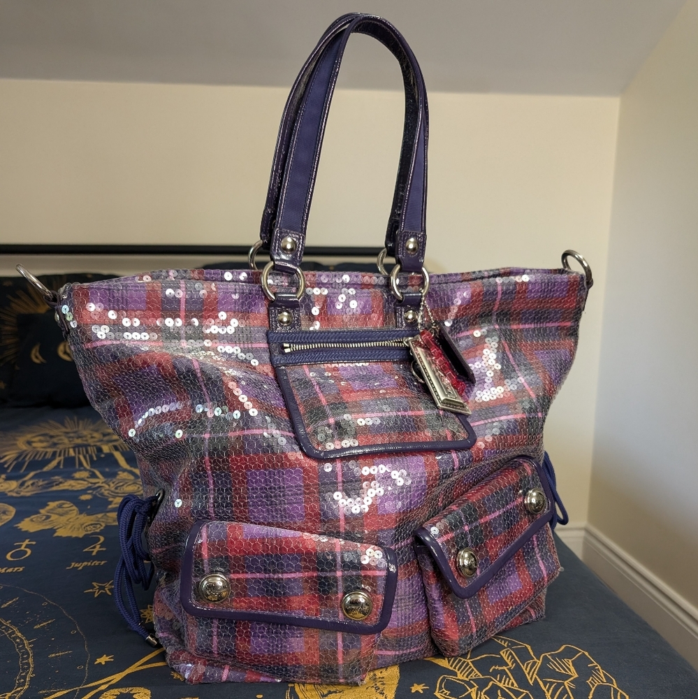 Coach x Poppy Limited Edition Purple Tartan Sequin Tote 15890